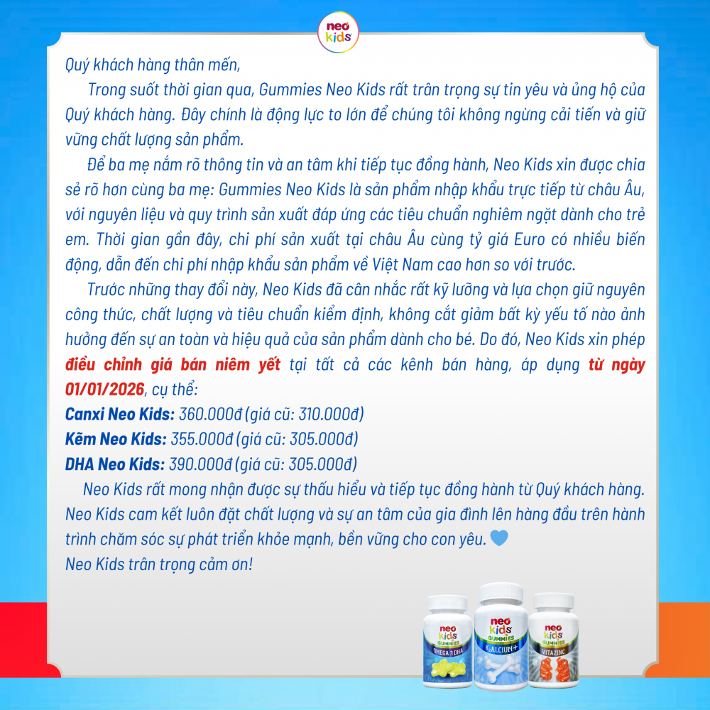 THÔNG BÁO ĐIỀU CHỈNH GIÁ BÁN NIÊM YẾT SẢN PHẨM GUMMIES NEO KIDS từ 01/01/2026